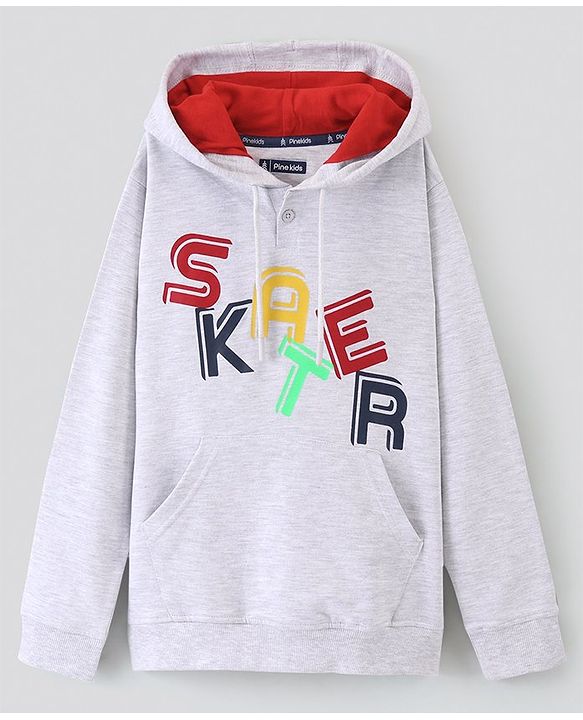 Pine Kids Hooded Full Sleeve Sweatshirt with Skater Print - Grey Melange