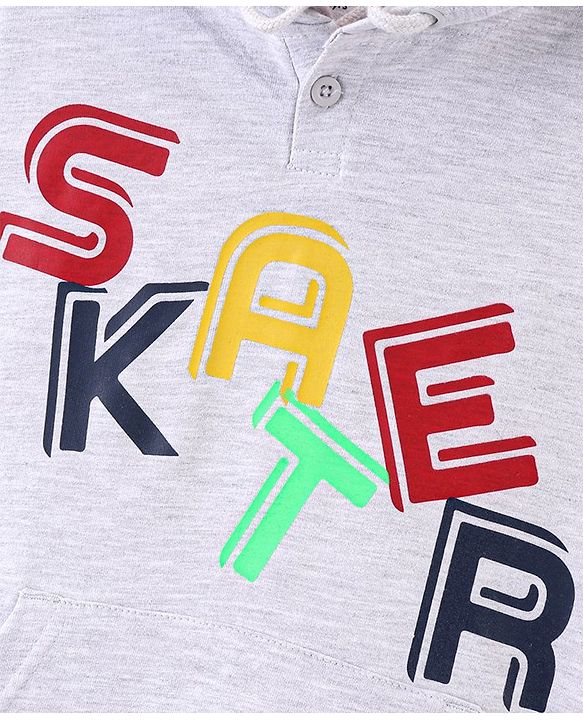 Pine Kids Hooded Full Sleeve Sweatshirt with Skater Print - Grey Melange