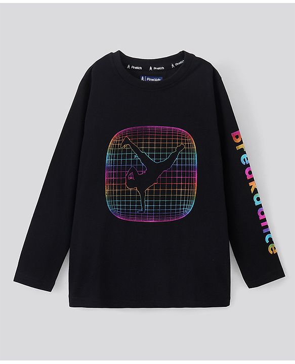 Pine Kids Cotton Knit Full Sleeves Text Printed Biowash T Shirt - Black