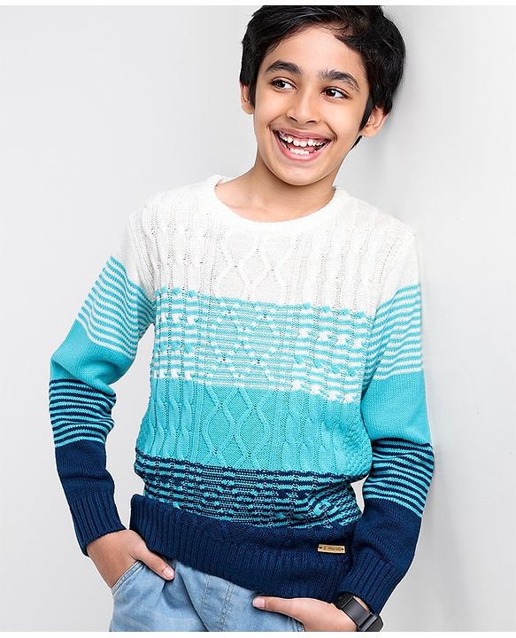 Pine Kids Moderate Winter Cable Knit Full Sleeves Sweater - White Navy Blue