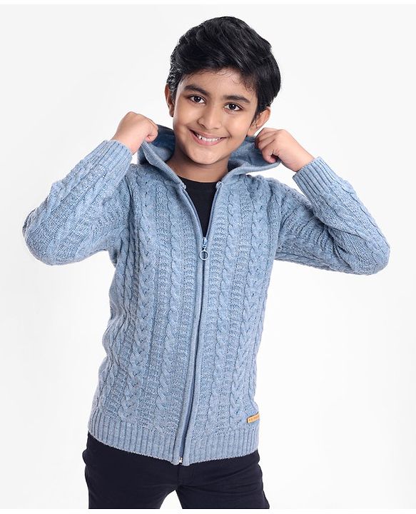 Pine Kids Full Sleeves Hooded Sweater With Cable Structure- Blue