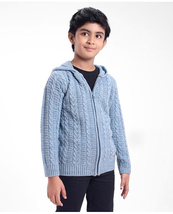 Pine Kids Full Sleeves Hooded Sweater With Cable Structure- Blue