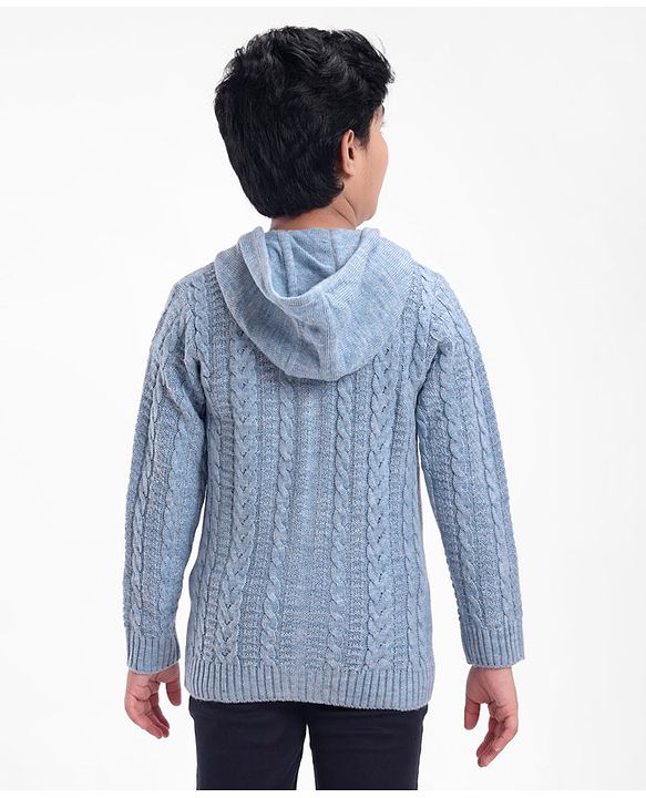 Pine Kids Full Sleeves Hooded Sweater With Cable Structure- Blue