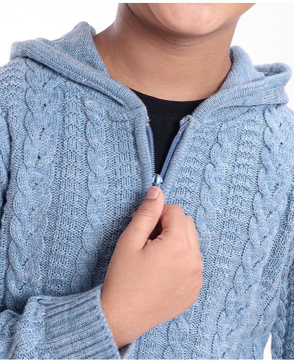 Pine Kids Full Sleeves Hooded Sweater With Cable Structure- Blue