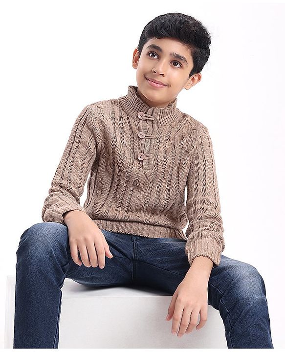 Pine Kids Full Sleeves Cable Knit Sweater- Beige