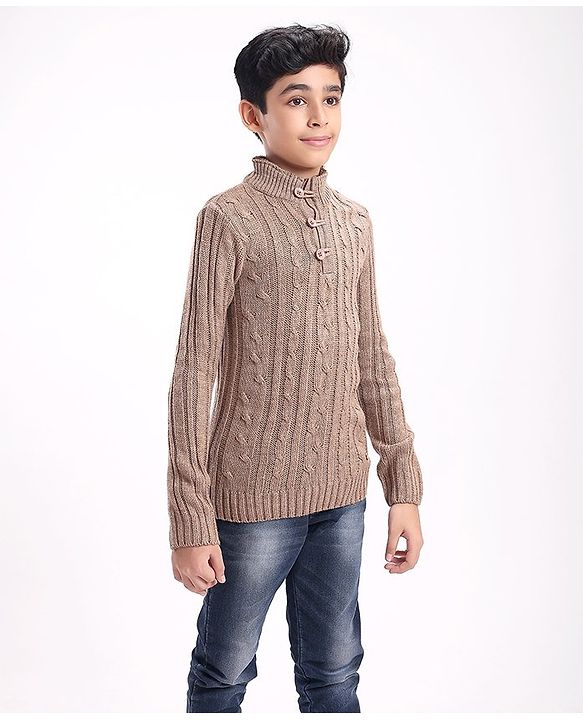 Pine Kids Full Sleeves Cable Knit Sweater- Beige