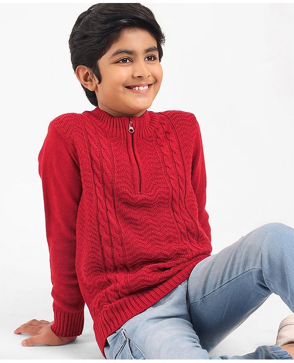 Pine Kids Full Sleeves Solid Sweater - Deep Red