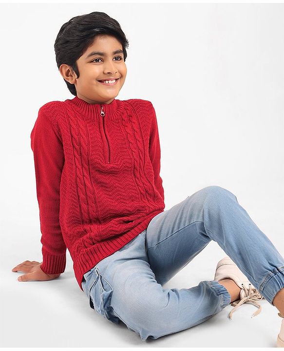 Pine Kids Full Sleeves Solid Sweater - Deep Red