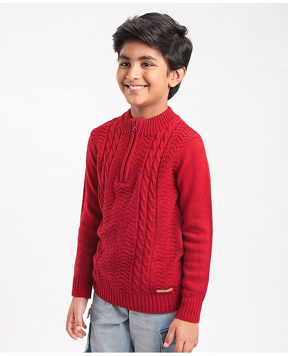 Pine Kids Full Sleeves Solid Sweater - Deep Red
