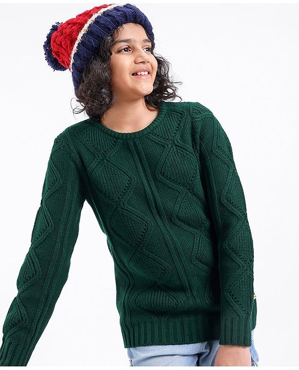 Pine Kids Fine Knit Full Sleeves Pullovers Sweaters Textured - Green