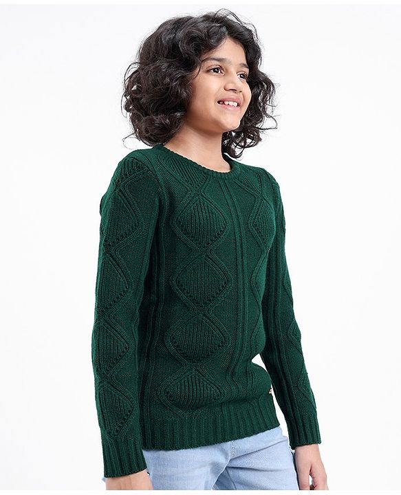 Pine Kids Fine Knit Full Sleeves Pullovers Sweaters Textured - Green