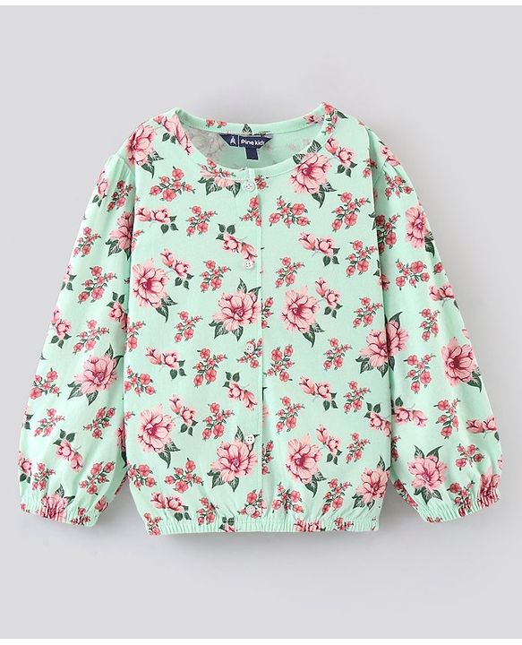 Pine Kids Full Sleeves Bio Washed Top Floral Print- Green