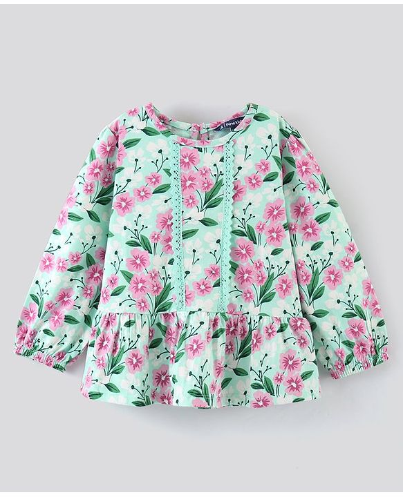 Pine Kids Full Sleeves Bio Washed Top With Lace Detailing Floral Print- Green