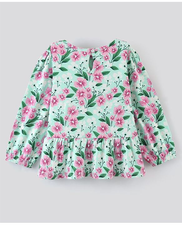 Pine Kids Full Sleeves Bio Washed Top With Lace Detailing Floral Print- Green