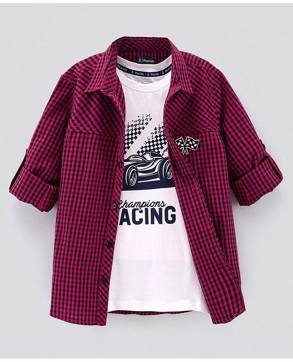 Pine Kids Full Sleeves Softner Wash Check Shirt With Inner Sleeveless T-Shirt - Maroon