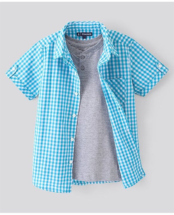 Pine Kids Half Sleeves Softener Wash Checked Shirt Solid Color Inner Tee - Sky Blue