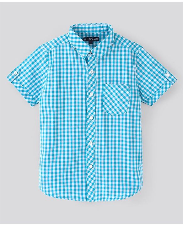 Pine Kids Half Sleeves Softener Wash Checked Shirt Solid Color Inner Tee - Sky Blue
