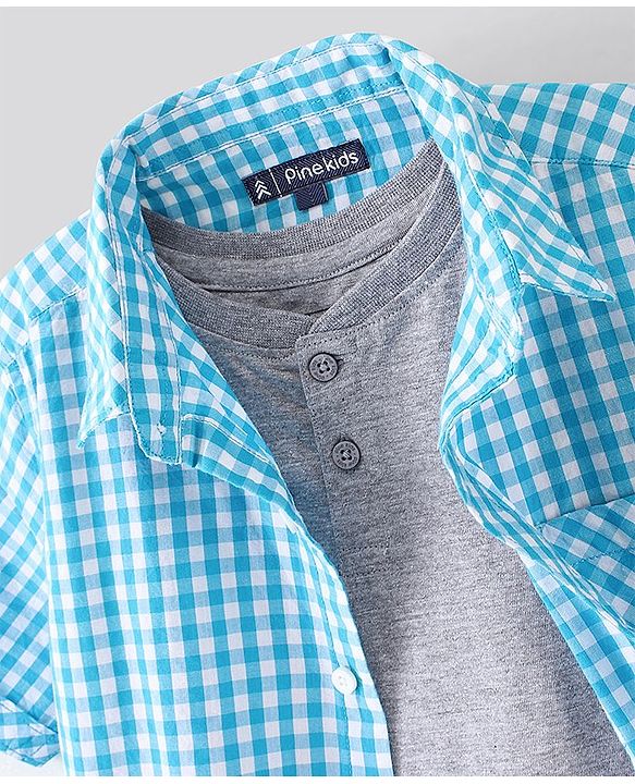 Pine Kids Half Sleeves Softener Wash Checked Shirt Solid Color Inner Tee - Sky Blue