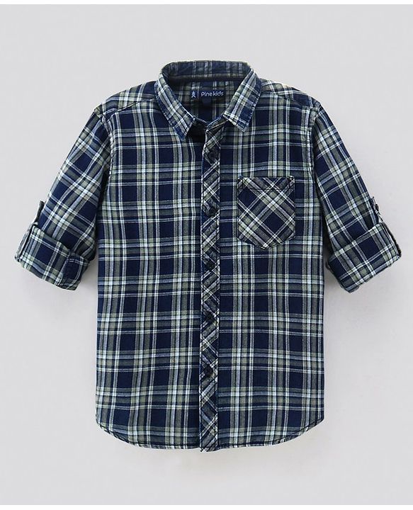 Pine Kids Full Sleeves Softner Wash Check Shirt - Green Blue