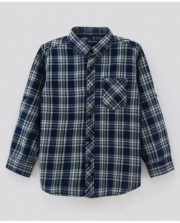 Pine Kids Full Sleeves Softner Wash Check Shirt - Green Blue