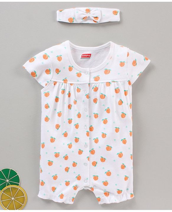 Babyhug 100% Cotton Short Cap Sleeves Printed Rompers With Headband - White