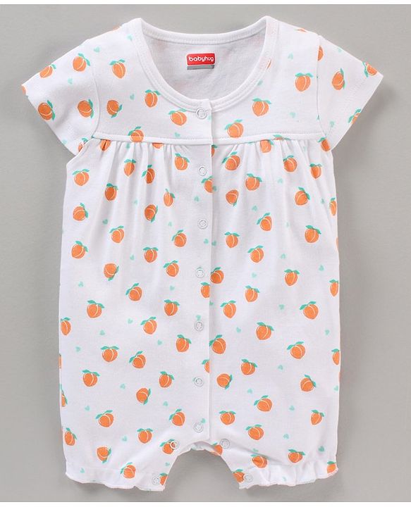 Babyhug 100% Cotton Short Cap Sleeves Printed Rompers With Headband - White