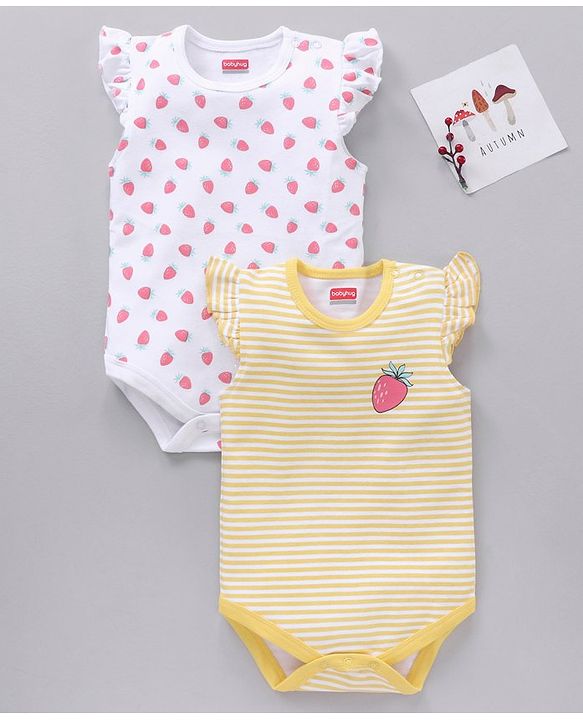 Babyhug 100% Cotton Frill Sleeves Onesies Stripes & Strawberry Print Pack of 2- Yellow & White