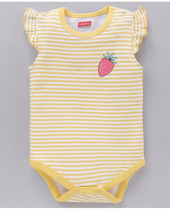 Babyhug 100% Cotton Frill Sleeves Onesies Stripes & Strawberry Print Pack of 2- Yellow & White