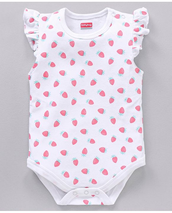 Babyhug 100% Cotton Frill Sleeves Onesies Stripes & Strawberry Print Pack of 2- Yellow & White