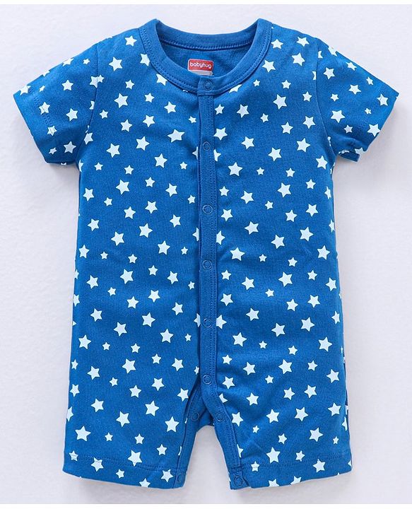 Babyhug 100% Cotton Knit Romper Pack of 2 Bear and Star Print - Navy Blue