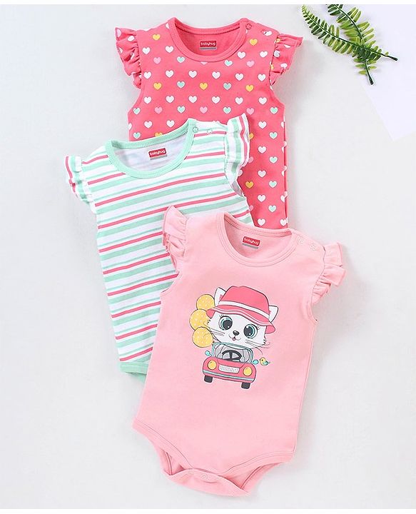Babyhug 100% Cotton Knit Frill Sleeves Onesie Stripes & Heart Print Pack of 3 - Pink & Blue