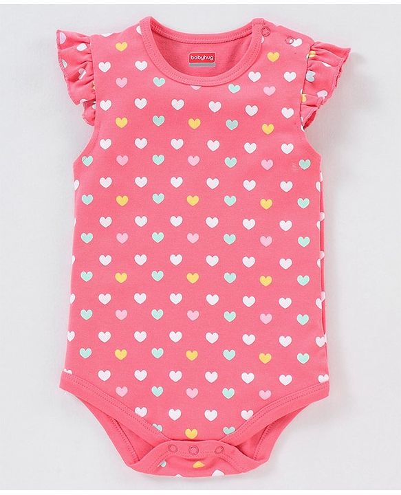 Babyhug 100% Cotton Knit Frill Sleeves Onesie Stripes & Heart Print Pack of 3 - Pink & Blue