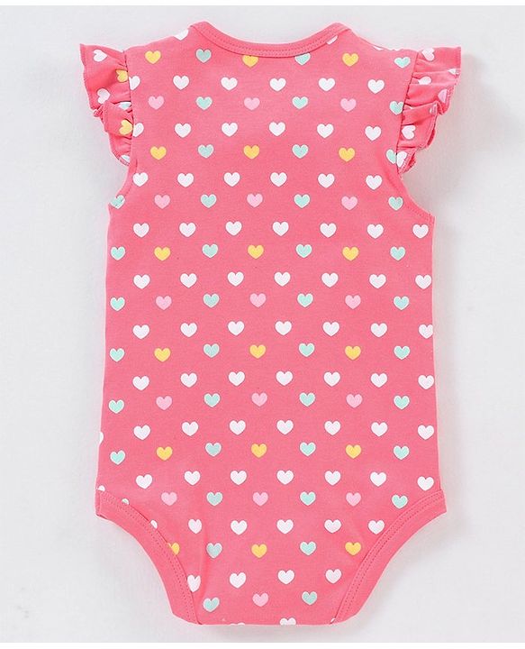 Babyhug 100% Cotton Knit Frill Sleeves Onesie Stripes & Heart Print Pack of 3 - Pink & Blue