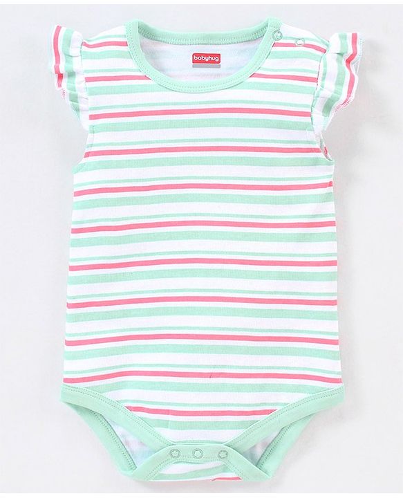 Babyhug 100% Cotton Knit Frill Sleeves Onesie Stripes & Heart Print Pack of 3 - Pink & Blue