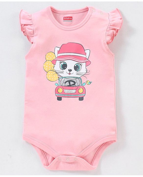 Babyhug 100% Cotton Knit Frill Sleeves Onesie Stripes & Heart Print Pack of 3 - Pink & Blue
