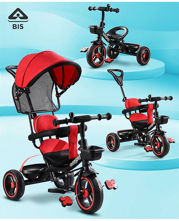 Babyhug  Plug & Play Stallion Tricycle with Parental Push Handle & Foldable Canopy - Red Black