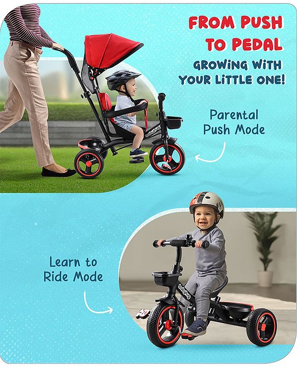Babyhug  Plug & Play Stallion Tricycle with Parental Push Handle & Foldable Canopy - Red Black