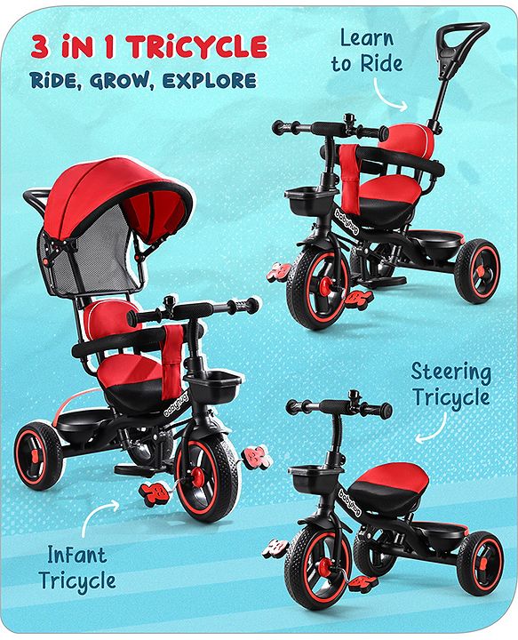 Babyhug  Plug & Play Stallion Tricycle with Parental Push Handle & Foldable Canopy - Red Black