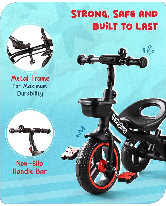 Babyhug  Plug & Play Stallion Tricycle with Parental Push Handle & Foldable Canopy - Red Black