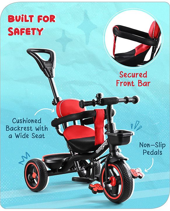 Babyhug  Plug & Play Stallion Tricycle with Parental Push Handle & Foldable Canopy - Red Black