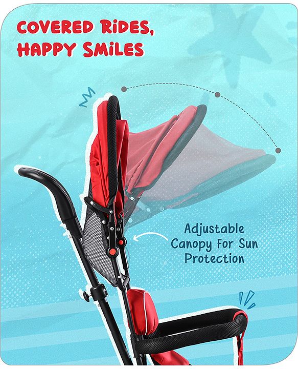 Babyhug  Plug & Play Stallion Tricycle with Parental Push Handle & Foldable Canopy - Red Black