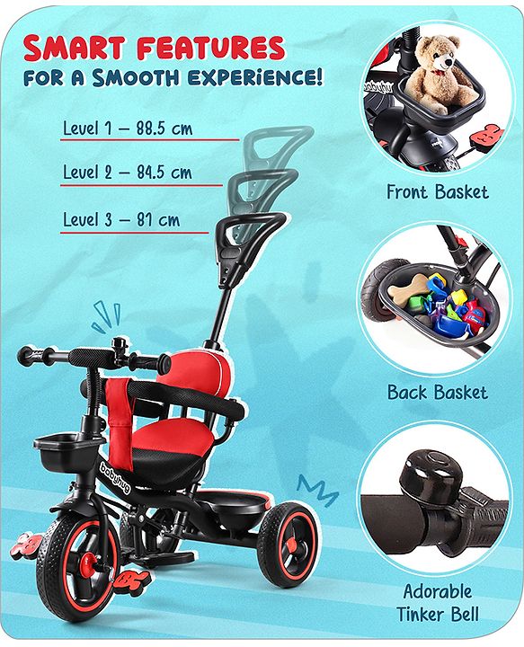 Babyhug  Plug & Play Stallion Tricycle with Parental Push Handle & Foldable Canopy - Red Black