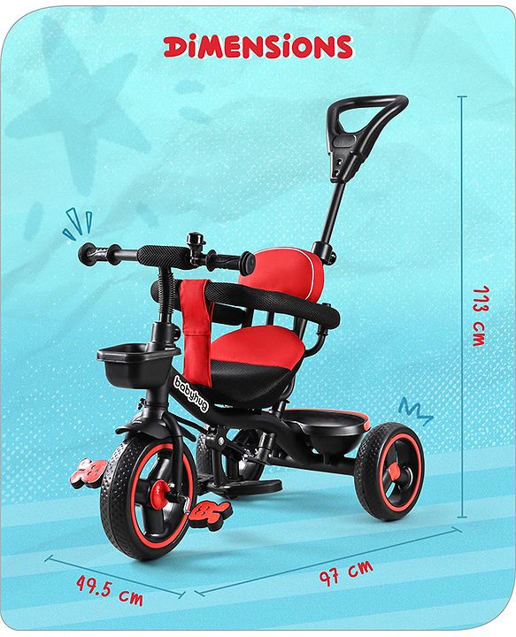 Babyhug  Plug & Play Stallion Tricycle with Parental Push Handle & Foldable Canopy - Red Black