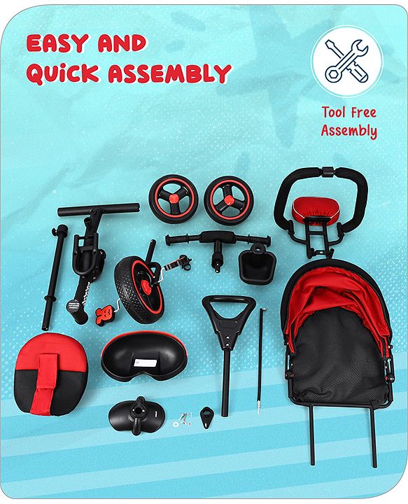 Babyhug  Plug & Play Stallion Tricycle with Parental Push Handle & Foldable Canopy - Red Black