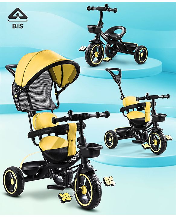 Babyhug  Plug & Play Stallion Tricycle with Parental Push Handle & Foldable Canopy - Yellow Black
