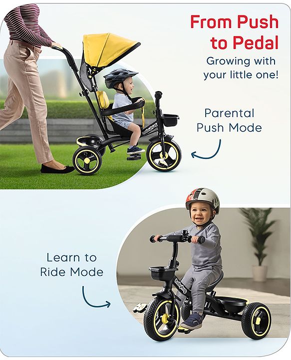 Babyhug  Plug & Play Stallion Tricycle with Parental Push Handle & Foldable Canopy - Yellow Black