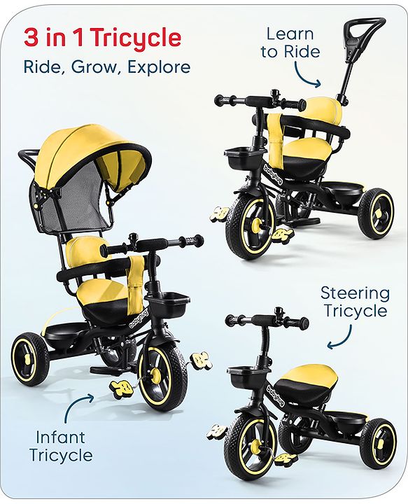 Babyhug  Plug & Play Stallion Tricycle with Parental Push Handle & Foldable Canopy - Yellow Black