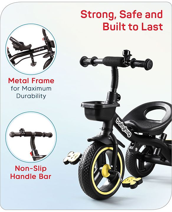 Babyhug  Plug & Play Stallion Tricycle with Parental Push Handle & Foldable Canopy - Yellow Black