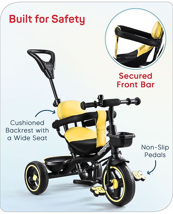 Babyhug  Plug & Play Stallion Tricycle with Parental Push Handle & Foldable Canopy - Yellow Black