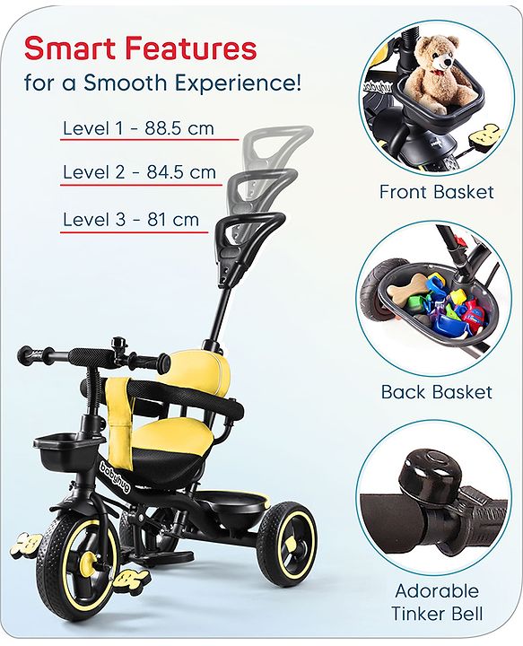 Babyhug  Plug & Play Stallion Tricycle with Parental Push Handle & Foldable Canopy - Yellow Black